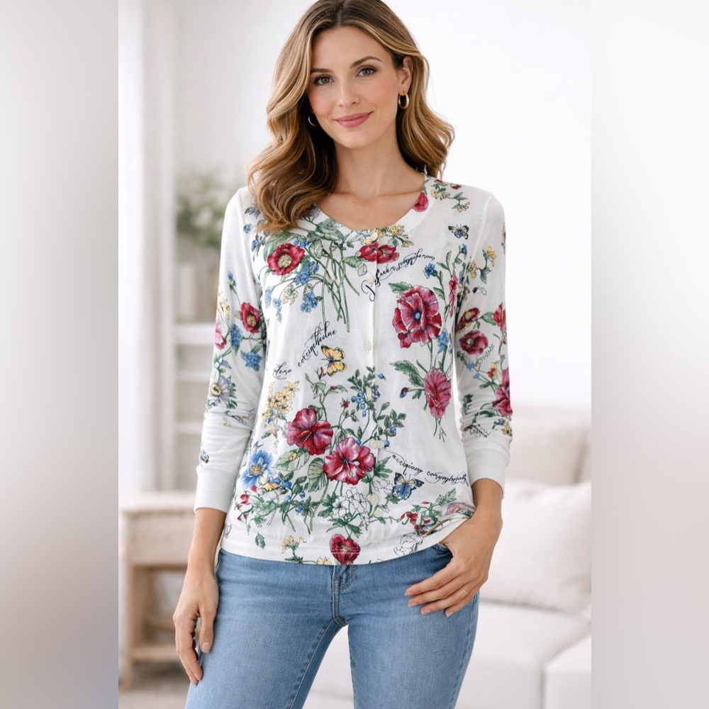 Talbots Garden Party Cardigan M Floral Preppy 3/4 Sleeve Spring Summer Sweater